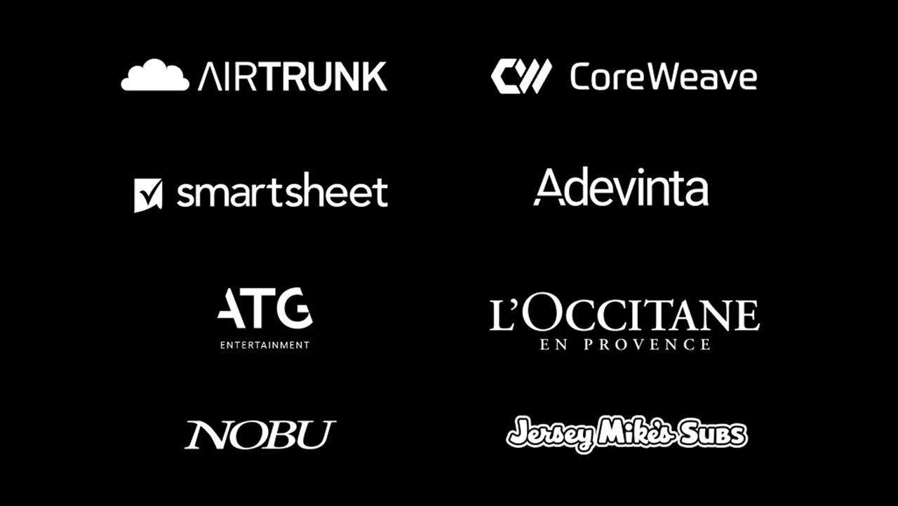 Group of knockout logos: Airtrunk, CoreWeave, Smartsheet, Adevinta, ATG, L'Occitane, Nobu, Jersey Mike's Subs